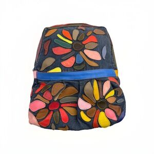 VTG Amerileather Leather Backpack Multi Color Rainbow Flower Boho Denim Bag Y2K